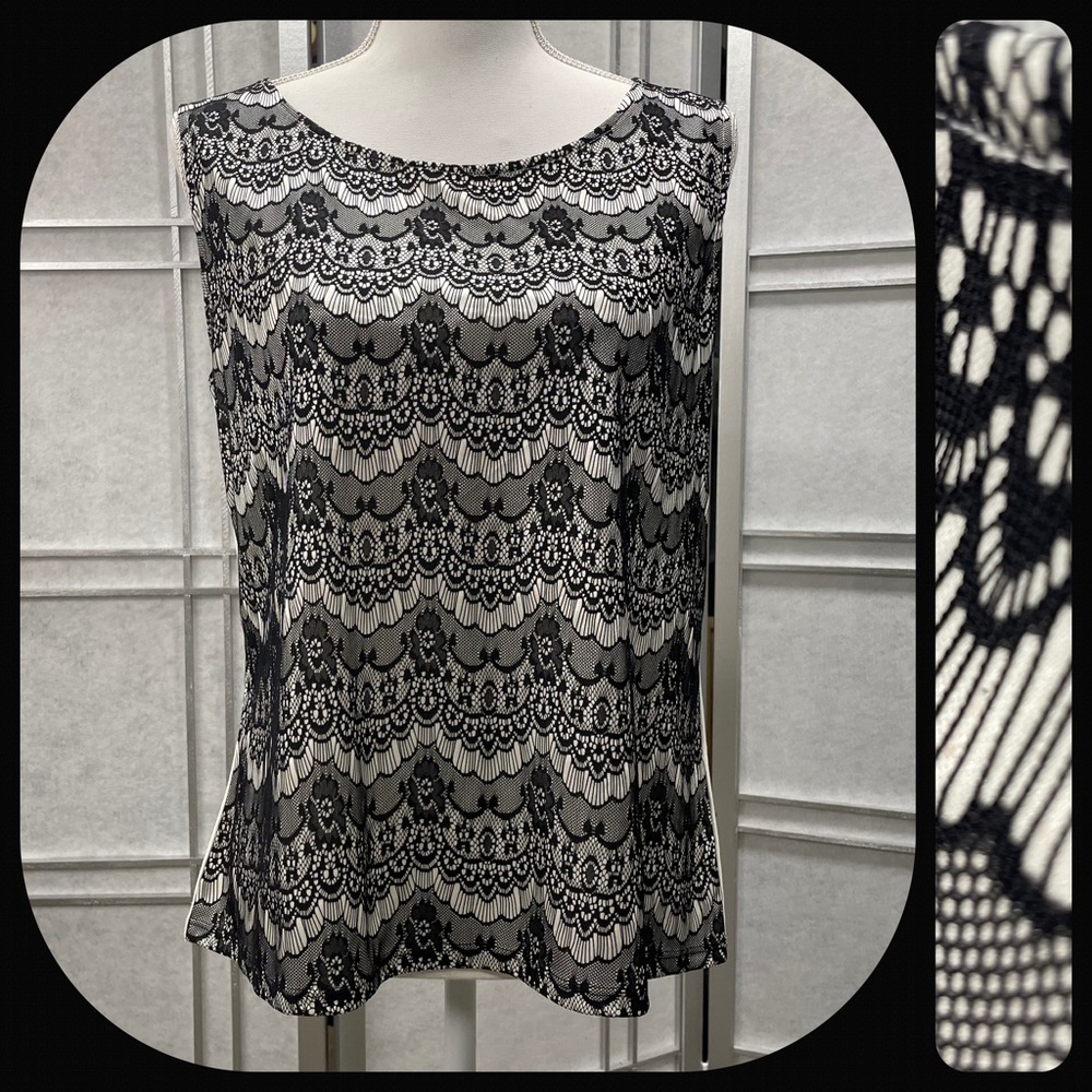 Covington Petite White Dress Tank with Black Lace Overlay, Sz Lg